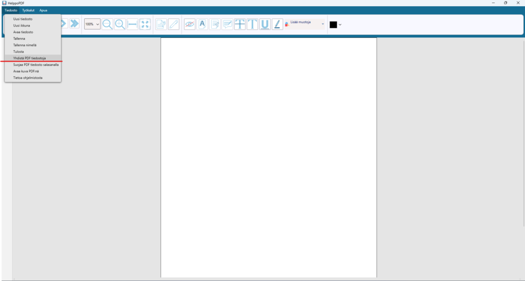 HelppoPDF tiedosto valikosta valite "Yhdistä PDF tiedostoja" mikäli haluat yhdistää useamman Pdf tiedoston